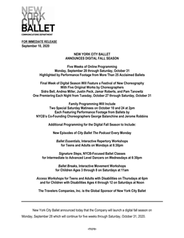 September 10, 2020 NEW YORK CITY BALLET ANNOUNCES DIGITAL