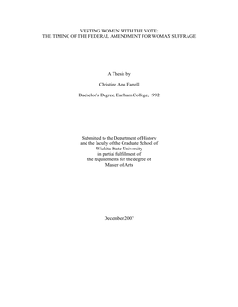 The Timing of the Federal Amendment for Woman Suffrage