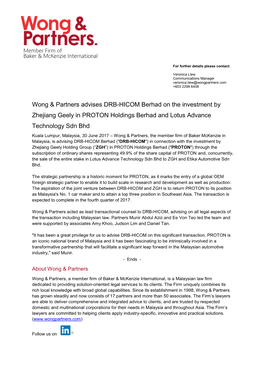 Wong & Partners Advises DRB-HICOM Berhad on Investment