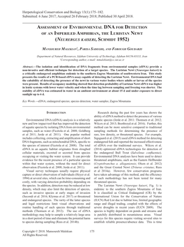 Assessment of Environmental DNA for Detection of an Imperiled Amphibian, the Luristan Newt (Neurergus Kaiseri, Schmidt 1952)