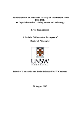 The Development of Australian Infantry on the Western Front 1916-1918: an Imperial Model of Training, Tactics and Technology