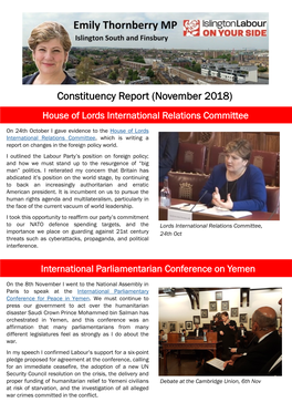 Constituency Report (November 2018) House of Lords International Relations Committee