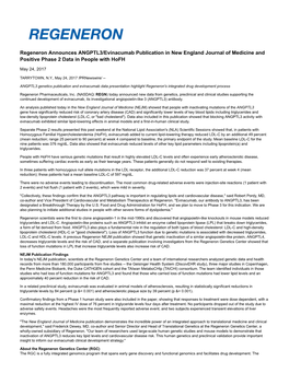 Regeneron Announces ANGPTL3/Evinacumab Publication in New England Journal of Medicine and Positive Phase 2 Data in People with Hofh