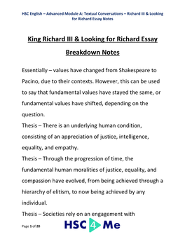 King Richard III & Looking for Richard Essay Breakdown Notes