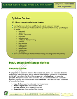 1.3.1 Input, Output & Storage Devices, 1.3.2 Main Memory