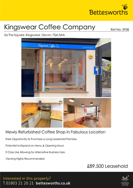 Kingswear Coffee Company Ref No: 3938