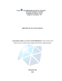 Unesp UNIVERSIDADE ESTADUAL PAULISTA “JÚLIO DE MESQUITA FILHO” Faculdade De Ciências E Letras Campus De Araraquara - SP