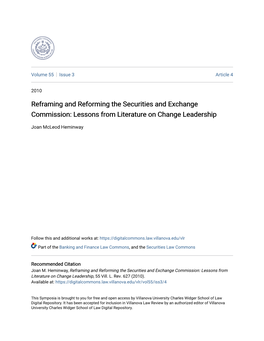 Reframing and Reforming the Securities and Exchange Commission: Lessons from Literature on Change Leadership