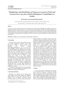 Morphology and Distribution of Empoasca Decipiens Paoli and Asymmetrasca Decedens (Paoli) (Hemiptera: Cicadellidae), in Jordan