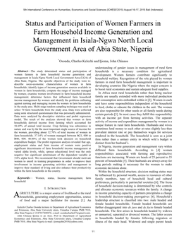 Status and Participation of Women Farmers in Farm Household Income Generation and Management in Isiala-Ngwa North Local Government Area of Abia State, Nigeria