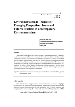 Environmentalism in Transition? Emerging Perspectives, Issues and Futures Practices in Contemporary Environmentalism