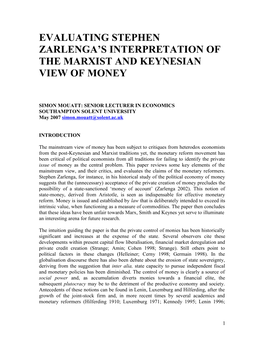 Evaluating Stephen Zarlenga's Interpretation of the Marxist And