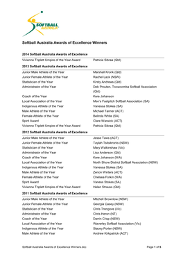 Softball Australia Awards of Excellence Winners