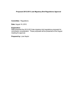 Proposed 2012-2013 Late Migratory Bird Regulations Approval Committee