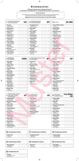 Stimmzettel Wahl Zum Kreistag Des Landkreises Rostock Am 25.05.2014 Im Wahlbereich 5 – Gemeinde Dummerstorf / Amt Schwaan