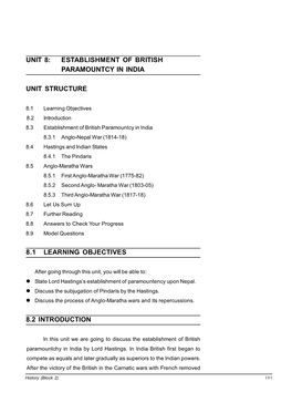 Unit 8: Establishment of British Paramountcy in India Unit Structure 8.1 Learning Objectives 8.2 Introduction