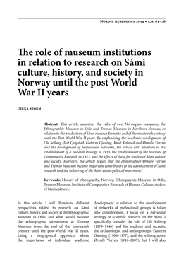 The Role of Museum Institutions in Relation to Research on Sámi Culture, History, and Society in Norway Until the Post World War II Years