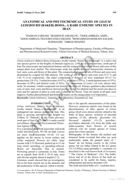 Anatomical and Phytochemical Study of Lilium Ledebourii (Baker) Boiss., a Rare Endemic Species in Iran