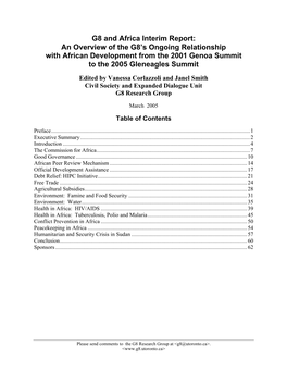 G8 and Africa Interim Report: an Overview of the G8's Ongoing Relationship with African Development from the 2001 Genoa Summit