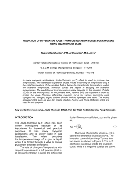 Prediction of Differential Joule-Thomson Inversion Curves for Cryogens Using Equations of State