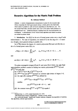 Recursive Algorithms for the Matrix Padй Problem