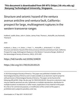 Structure and Seismic Hazard of the Ventura Avenue Anticline and Ventura Fault, California : Prospect for Large