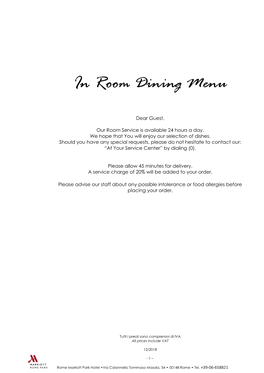 In Room Dining Menu