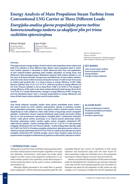 Energy Analysis of Main Propulsion Steam Turbine from Conventional LNG Carrier at Three Different Loads Energijska Analiza Glavn