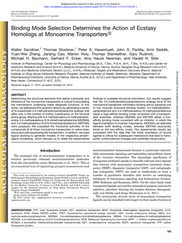 Binding Mode Selection Determines the Action of Ecstasy Homologs at Monoamine Transporters S