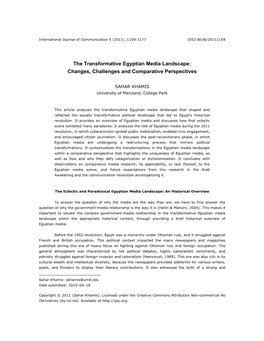 The Transformative Egyptian Media Landscape: Changes, Challenges and Comparative Perspectives