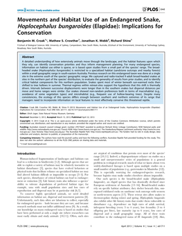 Movements and Habitat Use of an Endangered Snake, Hoplocephalus Bungaroides (Elapidae): Implications for Conservation