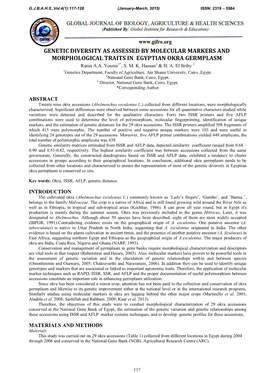 GENETIC DIVERSITY AS ASSESSED by MOLECULAR MARKERS and MORPHOLOGICAL TRAITS in EGYPTIAN OKRA GERMPLASM Rania A.A