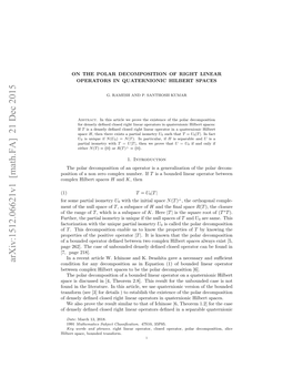 Arxiv:1512.06621V1 [Math.FA] 21 Dec 2015 (1) Ope Ibr Spaces Hilbert Complex O Oeprilisometry Partial Some for Oiino O Eocmlxnme.If Number