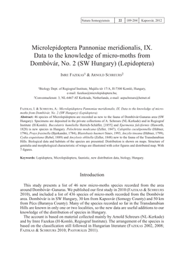 Microlepidoptera Pannoniae Meridionalis, IX. Data to the Knowledge of Micro-Moths from Dombóvár, No. 2 (SW Hungary) (Lepidoptera)