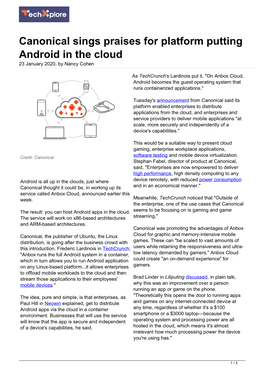 Canonical Sings Praises for Platform Putting Android in the Cloud 23 January 2020, by Nancy Cohen