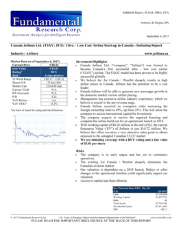 Canada Jetlines Ltd. (TSXV: JET): Ultra – Low Cost Airline Start-Up in Canada - Initiating Report