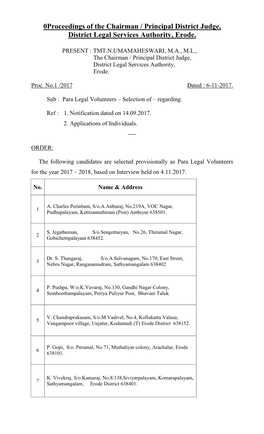 0Proceedings of the Chairman / Principal District Judge, District Legal Services Authority, Erode