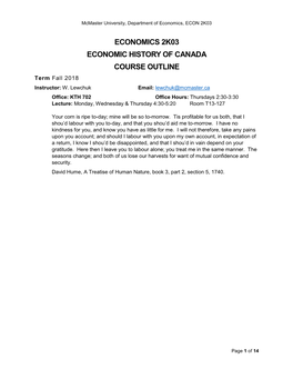 ECONOMICS 2K03 ECONOMIC HISTORY of CANADA COURSE OUTLINE Term Fall 2018 Instructor: W