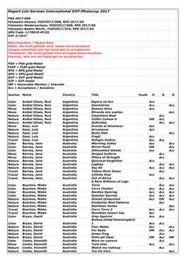 Report List German International DVF-Photocup 2017