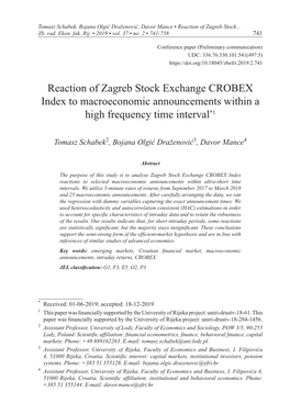 Reaction of Zagreb Stock Exchange CROBEX Index to Macroeconomic Announcements Within a High Frequency Time Interval*1