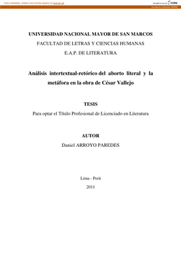 Análisis Intertextual-Retórico Del Aborto Literal Y La Metáfora En La Obra De César Vallejo