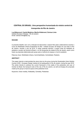 CENTRAL DO BRASIL: Uma Perspectiva Humanizada Do Nódulo Central De Transportes Do Rio De Janeiro