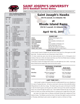 SAINT JOSEPH's UNIVERSITY 2015 Baseball Series Notes