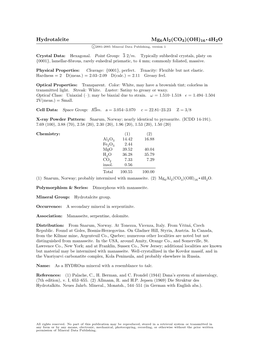 Hydrotalcite Mg6al2(CO3)(OH)16 • 4H2O C 2001-2005 Mineral Data Publishing, Version 1