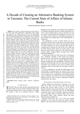 A Decade of Creating an Alternative Banking System in Tanzania: the Current State of Affairs of Islamic Banks Pradeep Kulshrestha, Maulana Ayoub Ali