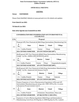 Andhra Pradesh 150TH SEIAA MEETING AGENDA Venue