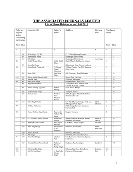 THE ASSOCIATED JOURNALS LIMITED List of Share Holders As on 13.09.2011