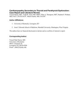 Cardiomyopathy Secondary to Thyroid and Parathyroid Dysfunction: Case Report and Literature Review Yousef Darrat, MD1, Todd W