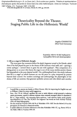 Theatricality Beyond the Theater. Staging Public Life in the Hellenistic World*