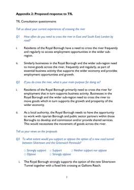 Appendix 2: Proposed Response to Tfl Tfl Consultation Questionnaire